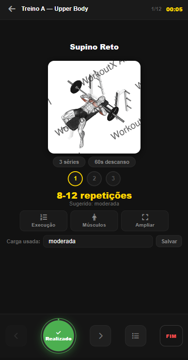 Execução de treino no app